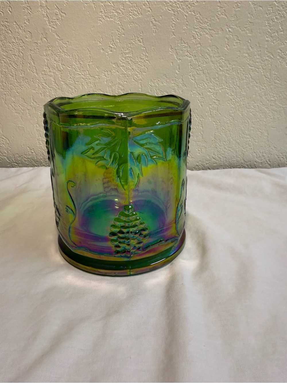 Iridescent Green Carnival Glass Vase